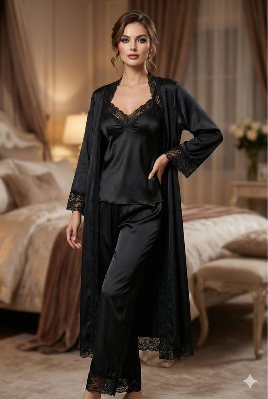 Premium Midnight Black Satin 5-Part Nightwear Set – Luxury Free Size Nighty (32-48) with Inner Top, Robe & Pants (USA)