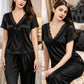 Premium Midnight Black Satin 7-Part Nightwear Set – Luxury Free Size Nighty (32-48) with Inner Top, Pants & Robe (USA)