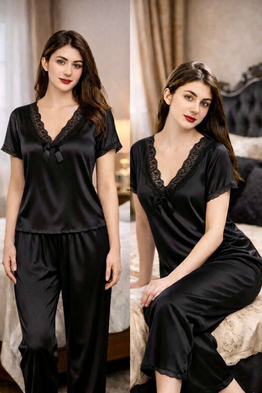 Premium Midnight Black Satin 7-Part Nightwear Set – Luxury Free Size Nighty (32-48) with Inner Top, Pants & Robe (USA)