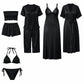 Premium Midnight Black Satin 7-Part Nightwear Set – Luxury Free Size Nighty (32-48) with Inner Top, Pants & Robe (USA)