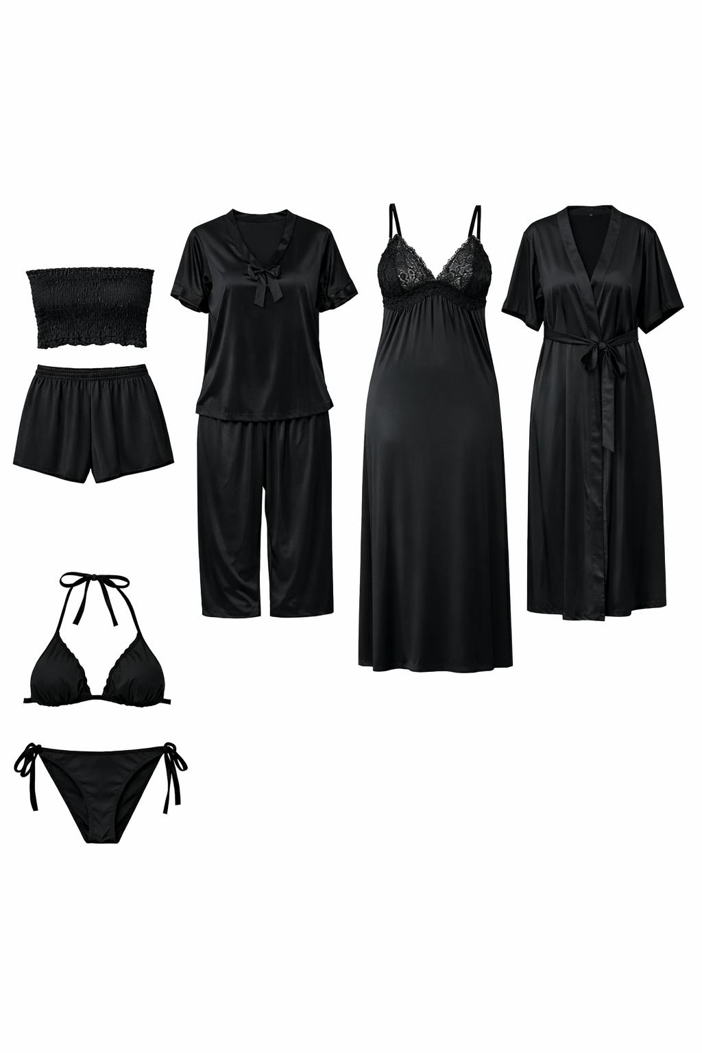 Premium Midnight Black Satin 7-Part Nightwear Set – Luxury Free Size Nighty (32-48) with Inner Top, Pants & Robe (USA)