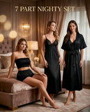 Premium Midnight Black Satin 7-Part Nightwear Set – Luxury Free Size Nighty (32-48) with Inner Top, Pants & Robe (USA)