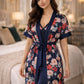 Premium Midnight Navy Floral Digital Print 2-Piece Nightgown Set with Inner Slip & Belted Robe – Free Size Luxury Women Sleepwear (USA)