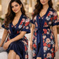 Premium Midnight Navy Floral Digital Print 2-Piece Nightgown Set with Inner Slip & Belted Robe – Free Size Luxury Women Sleepwear (USA)