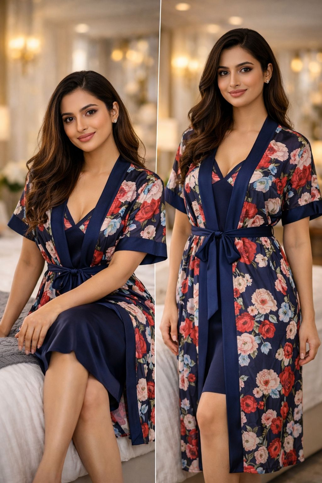 Premium Midnight Navy Floral Digital Print 2-Piece Nightgown Set with Inner Slip & Belted Robe – Free Size Luxury Women Sleepwear (USA)