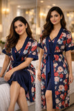 Premium Midnight Navy Floral Digital Print 2-Piece Nightgown Set with Inner Slip & Belted Robe – Free Size Luxury Women Sleepwear (USA)