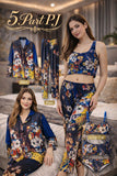 Navy Blue Floral Digital Print 5 Piece PJ Set – Women Premium Sleepwear XL XXL