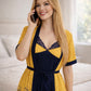 Premium Navy Gold Polka Dot Digital Print 2-Piece Nightgown Set with Inner Slip & Belted Robe – Free Size Luxury Women Sleepwear (USA)