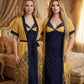 Premium Navy Gold Polka Dot Digital Print 2-Piece Nightgown Set with Inner Slip & Belted Robe – Free Size Luxury Women Sleepwear (USA)
