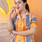 Orange Blue Vintage Stripe Floral Digital Print Half Sleeve Shirt Pant PJ Set – Women Premium Sleepwear XL XXL USA