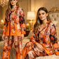 Orange Abstract Digital Print 5 Piece PJ Set – Women Premium Sleepwear XL XXL