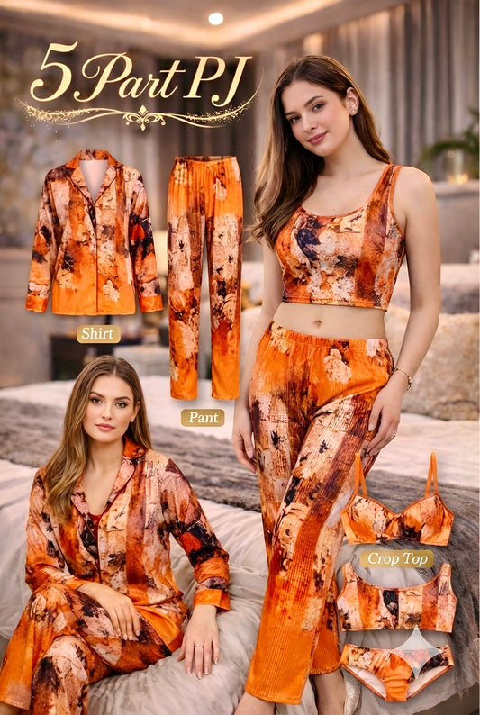 Orange Abstract Digital Print 5 Piece PJ Set – Women Premium Sleepwear XL XXL