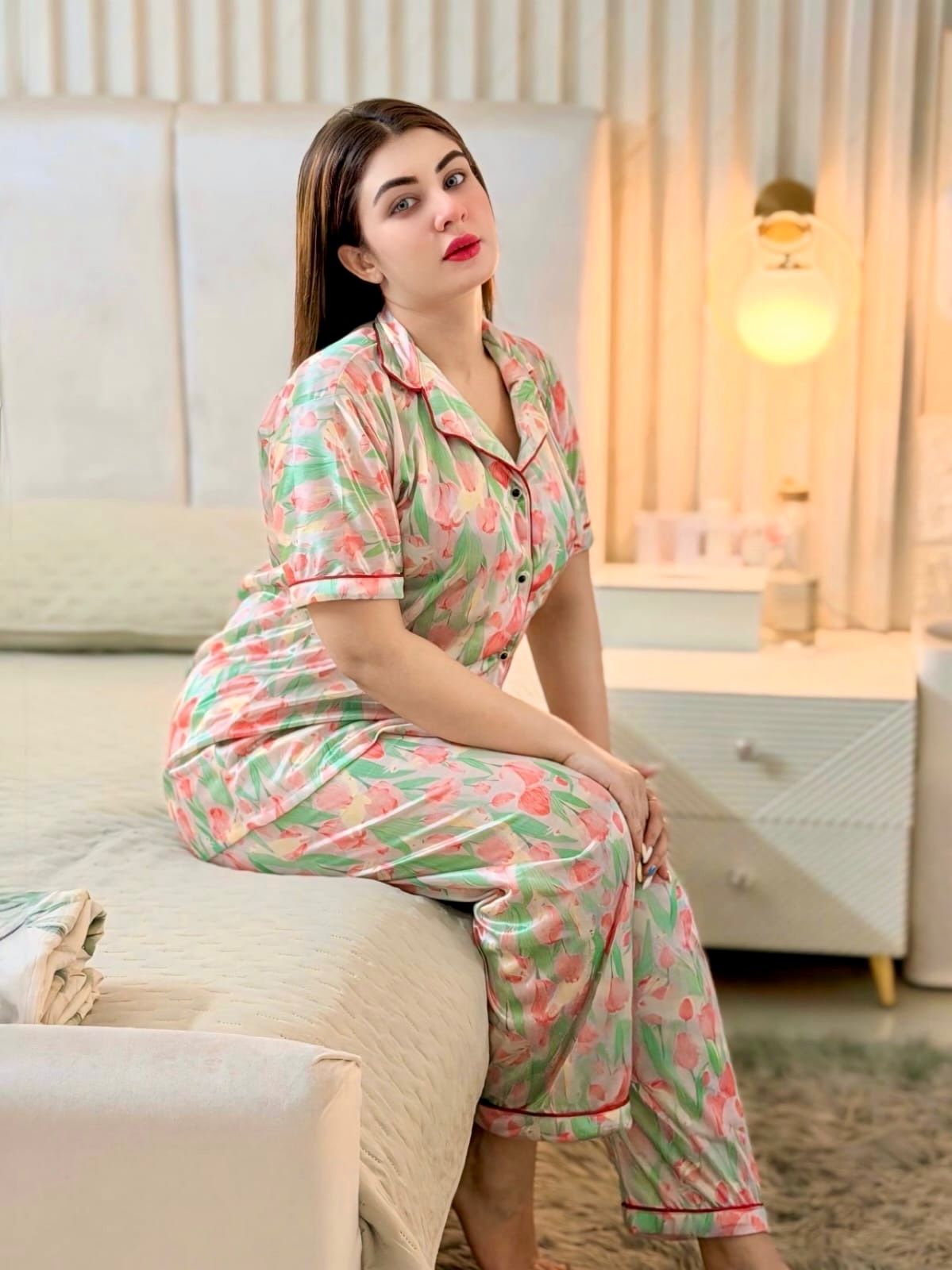 Peach Green Floral Digital Print Half Sleeve Shirt Pant Set – Women Premium PJ Sleepwear XL XXL USA