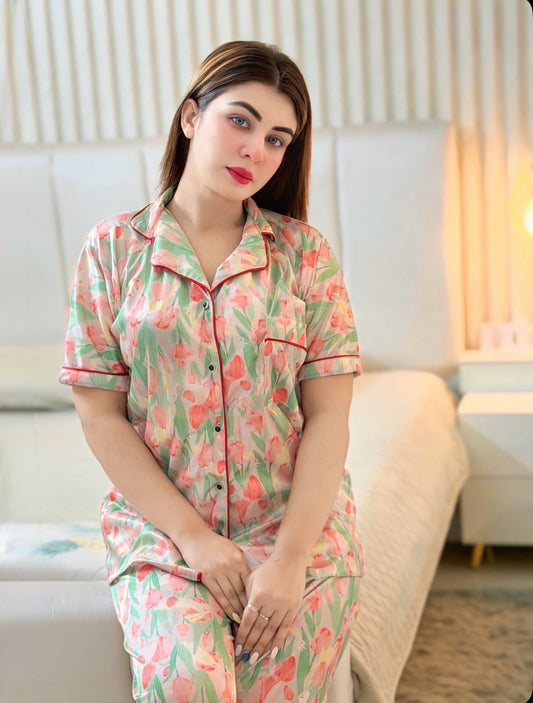 Peach Green Floral Digital Print Half Sleeve Shirt Pant Set – Women Premium PJ Sleepwear XL XXL USA