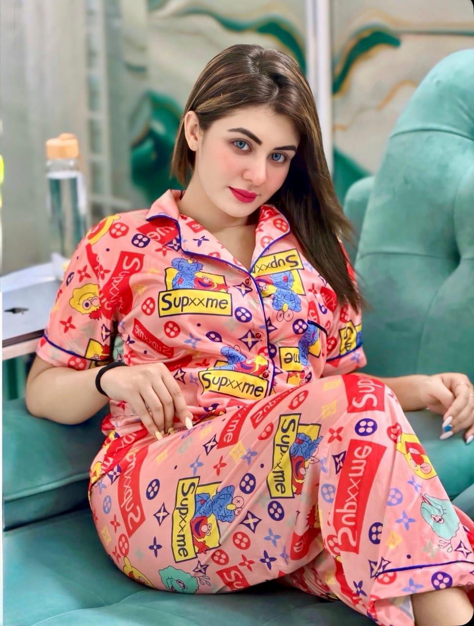 Pink Cartoon Graphic Digital Print Half Sleeve Shirt Pant PJ Set – Women Premium Sleepwear XL XXL USA