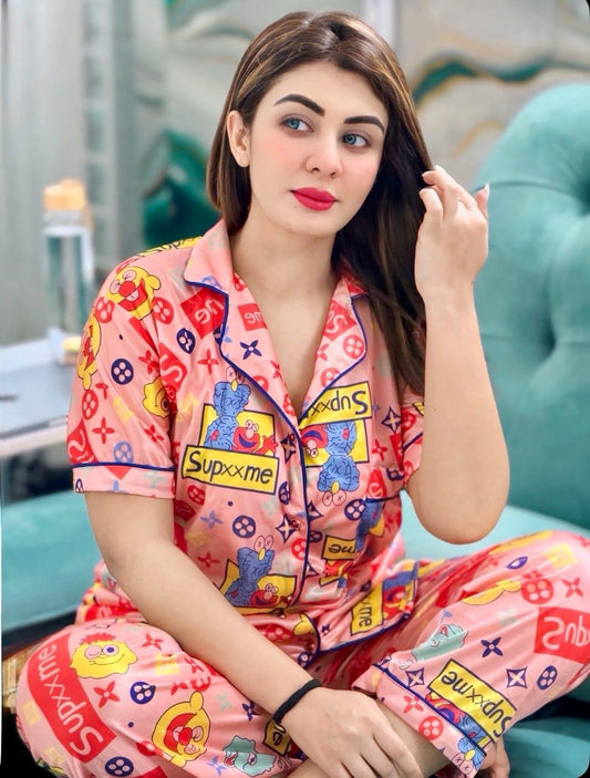 Pink Cartoon Graphic Digital Print Half Sleeve Shirt Pant PJ Set – Women Premium Sleepwear XL XXL USA