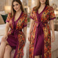 Premium Plum Wine Floral Digital Print 2-Piece Nightgown Set with Inner Slip & Belted Robe – Free Size Luxury Women Sleepwear (USA)