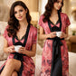 Premium Rose Pink Floral Digital Print 2-Piece Nightgown Set with Inner Slip & Belted Robe – Free Size Luxury Women Sleepwear (USA)