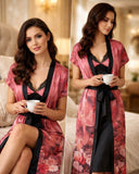 Premium Rose Pink Floral Digital Print 2-Piece Nightgown Set with Inner Slip & Belted Robe – Free Size Luxury Women Sleepwear (USA)