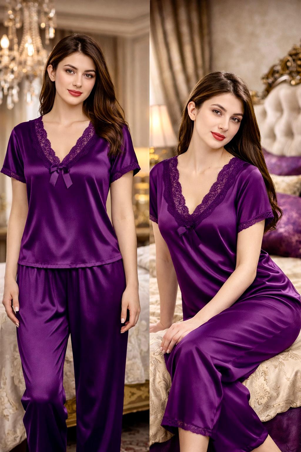 Premium Royal Purple Satin 7-Part Nightwear Set – Luxury Free Size Nighty (32-48) with Inner Top, Pants & Robe (USA)