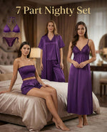 Premium Royal Purple Satin 7-Part Nightwear Set – Luxury Free Size Nighty (32-48) with Inner Top, Pants & Robe (USA)