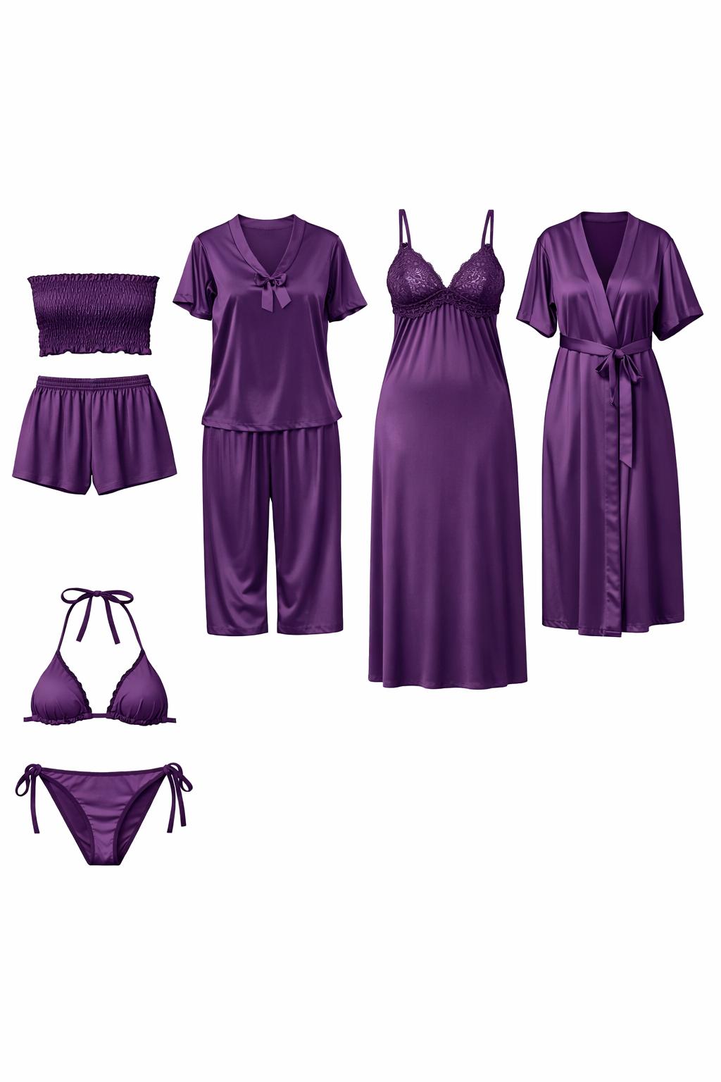 Premium Royal Purple Satin 7-Part Nightwear Set – Luxury Free Size Nighty (32-48) with Inner Top, Pants & Robe (USA)