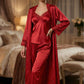 Premium Satin 5-Part Ruby Red & Burgundy Maroon Nightwear Set – Luxury Free Size Nighty (32-48) with Inner Top, Robe & Pants (USA)