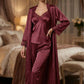 Premium Satin 5-Part Ruby Red & Burgundy Maroon Nightwear Set – Luxury Free Size Nighty (32-48) with Inner Top, Robe & Pants (USA)