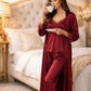 Premium Satin 5-Part Ruby Red & Burgundy Maroon Nightwear Set – Luxury Free Size Nighty (32-48) with Inner Top, Robe & Pants (USA)