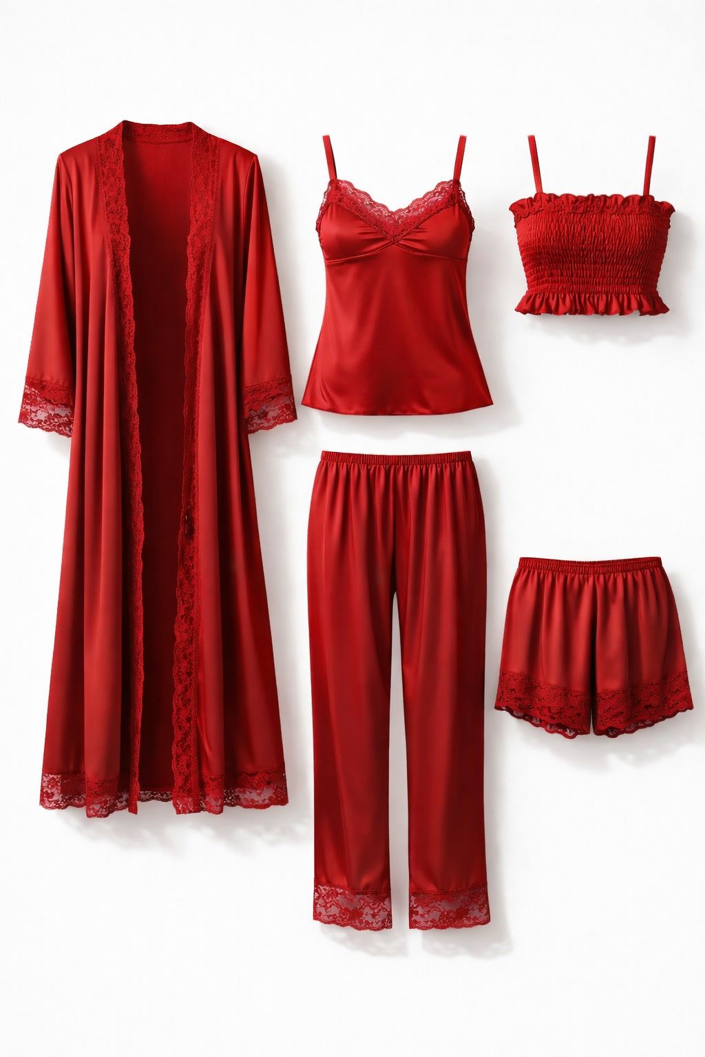 Premium Satin 5-Part Ruby Red & Burgundy Maroon Nightwear Set – Luxury Free Size Nighty (32-48) with Inner Top, Robe & Pants (USA)