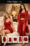 Premium Satin 5-Part Ruby Red & Burgundy Maroon Nightwear Set – Luxury Free Size Nighty (32-48) with Inner Top, Robe & Pants (USA)