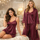 Premium Satin 5-Part Ruby Red & Burgundy Maroon Nightwear Set – Luxury Free Size Nighty (32-48) with Inner Top, Robe & Pants (USA)