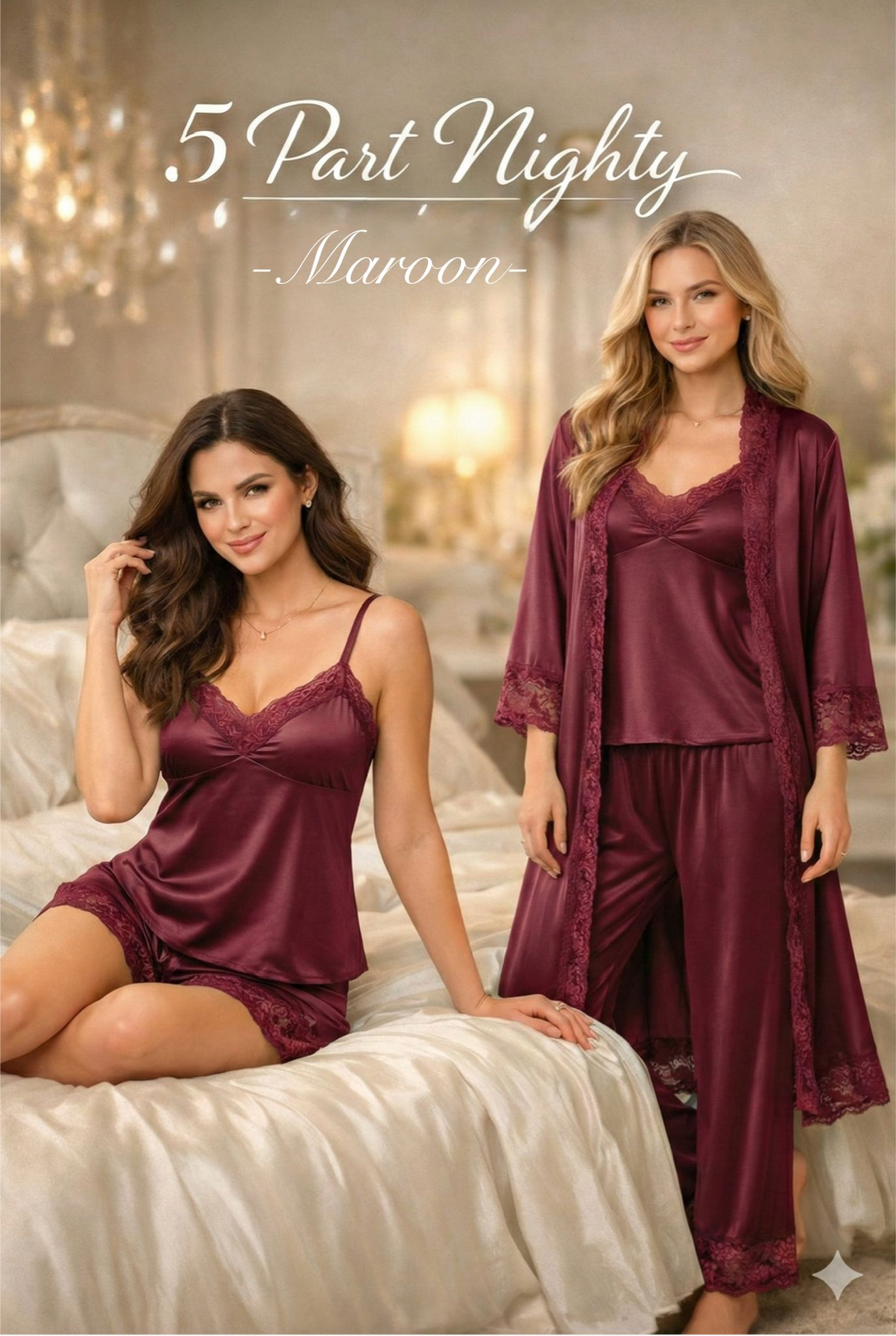 Premium Satin 5-Part Ruby Red & Burgundy Maroon Nightwear Set – Luxury Free Size Nighty (32-48) with Inner Top, Robe & Pants (USA)