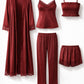 Premium Satin 5-Part Ruby Red & Burgundy Maroon Nightwear Set – Luxury Free Size Nighty (32-48) with Inner Top, Robe & Pants (USA)