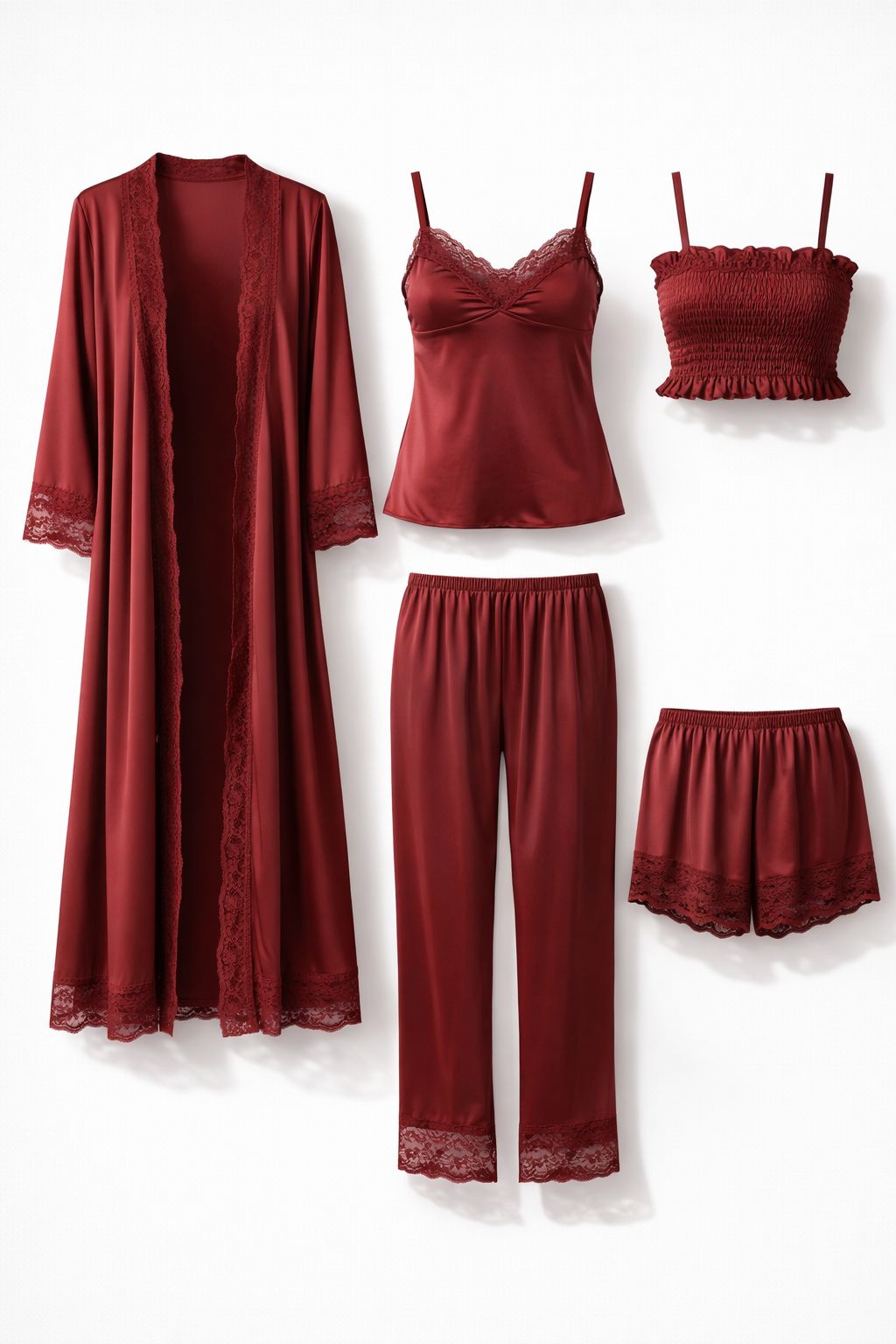 Premium Satin 5-Part Ruby Red & Burgundy Maroon Nightwear Set – Luxury Free Size Nighty (32-48) with Inner Top, Robe & Pants (USA)