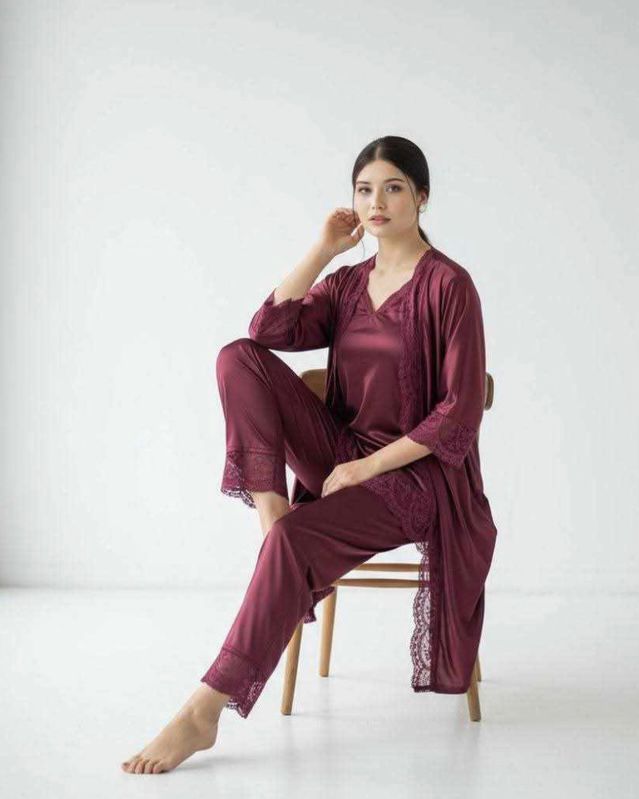 Premium Satin 5-Part Ruby Red & Burgundy Maroon Nightwear Set – Luxury Free Size Nighty (32-48) with Inner Top, Robe & Pants (USA)