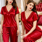 Premium Ruby Red Satin 7-Part Nightwear Set – Luxury Free Size Nighty (32-48) with Inner Top, Pants & Robe (USA)