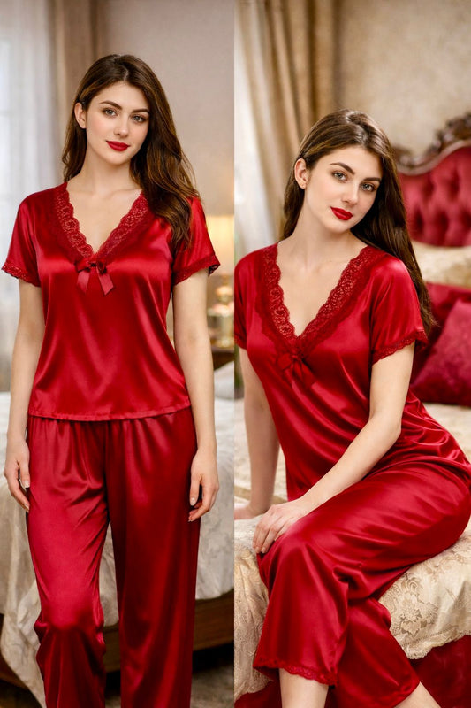 Premium Ruby Red Satin 7-Part Nightwear Set – Luxury Free Size Nighty (32-48) with Inner Top, Pants & Robe (USA)