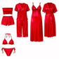 Premium Ruby Red Satin 7-Part Nightwear Set – Luxury Free Size Nighty (32-48) with Inner Top, Pants & Robe (USA)