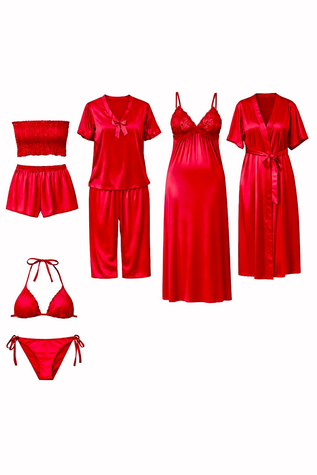 Premium Ruby Red Satin 7-Part Nightwear Set – Luxury Free Size Nighty (32-48) with Inner Top, Pants & Robe (USA)