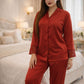 Solid Satin Full Sleeve Shirt Pant Pajama Set – Women Luxury Sleepwear (Red / Maroon / Pink) L XL USA