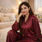 Solid Satin Full Sleeve Shirt Pant Pajama Set – Women Luxury Sleepwear (Red / Maroon / Pink) L XL USA