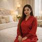 Solid Satin Full Sleeve Shirt Pant Pajama Set – Women Luxury Sleepwear (Red / Maroon / Pink) L XL USA