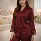 Solid Satin Full Sleeve Shirt Pant Pajama Set – Women Luxury Sleepwear (Red / Maroon / Pink) L XL USA