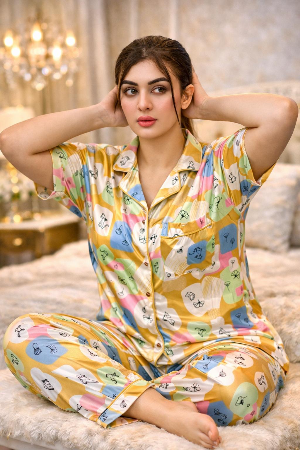 Yellow Multi Cartoon Graphic Digital Print Half Sleeve Shirt Pant PJ Set – Women Premium Sleepwear XL XXL USA