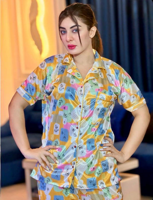 Yellow Multi Cartoon Graphic Digital Print Half Sleeve Shirt Pant PJ Set – Women Premium Sleepwear XL XXL USA